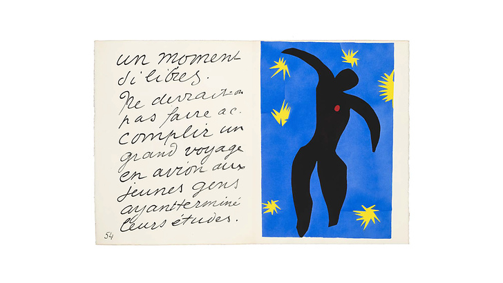 Henri Matisse, Icare — plate VIII from Jazz, 1947. Full spread with facsimile text.