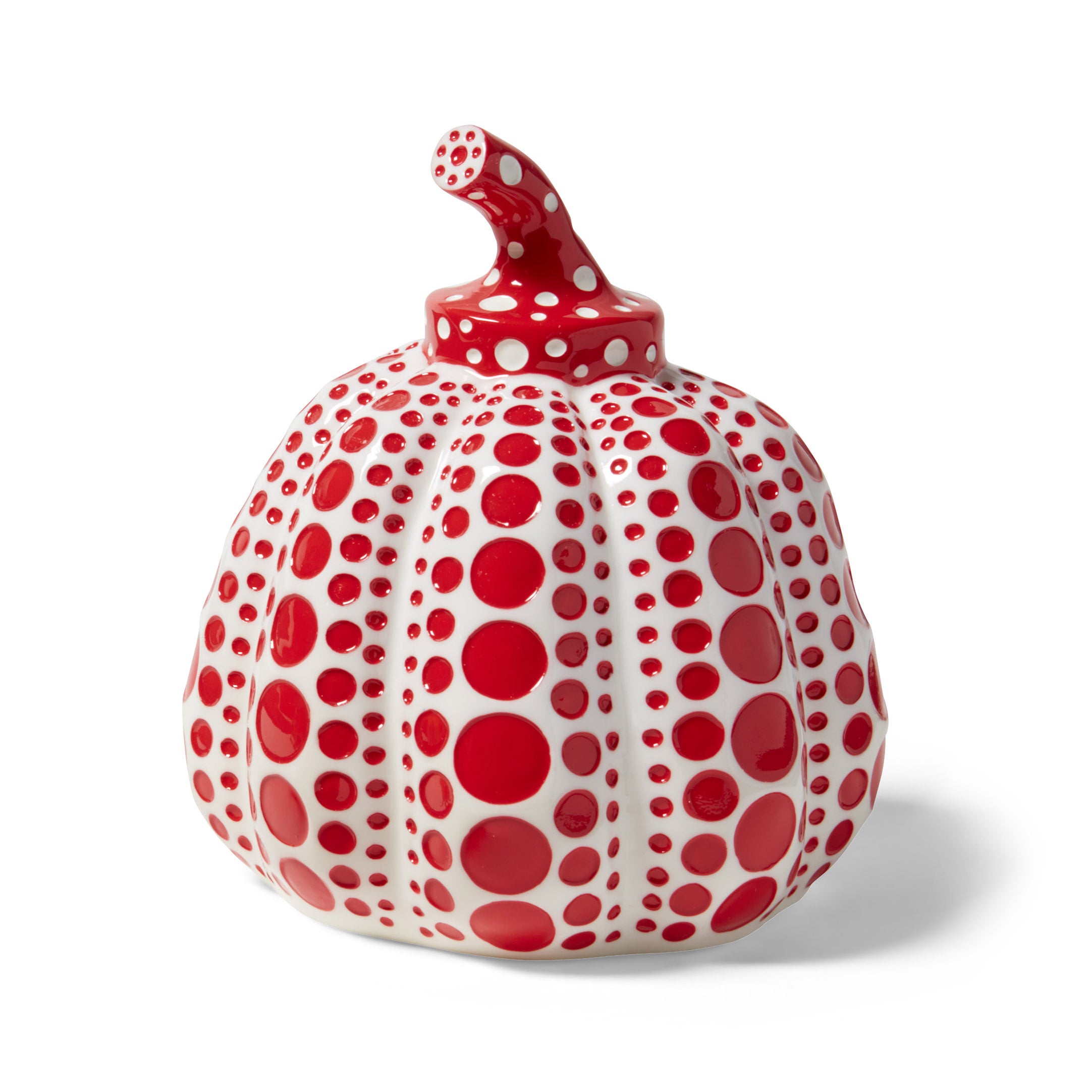 Yayoi Kusama, Pumpkin (Red) — a small red lacquered resin pumpkin covered in black polka dots